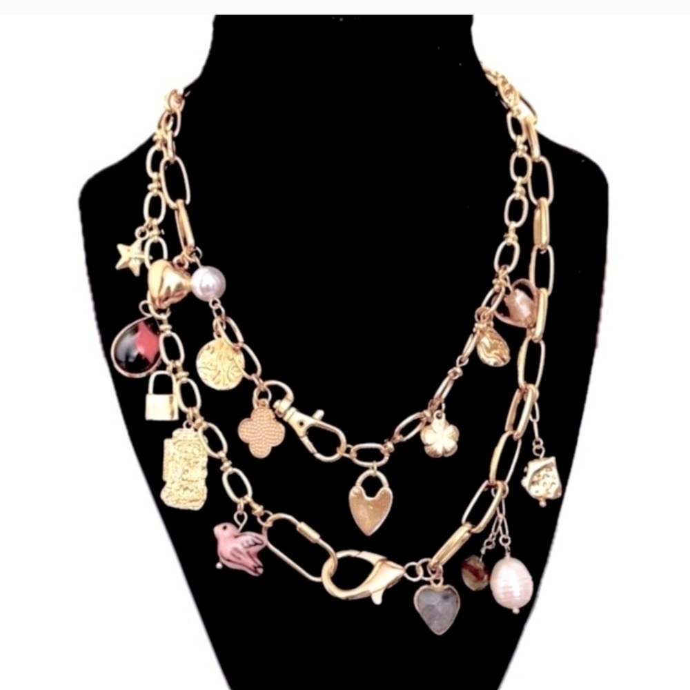 💛▪️Atterri▪️ golden tone multi charm double strand 15" Freshwater Necklace